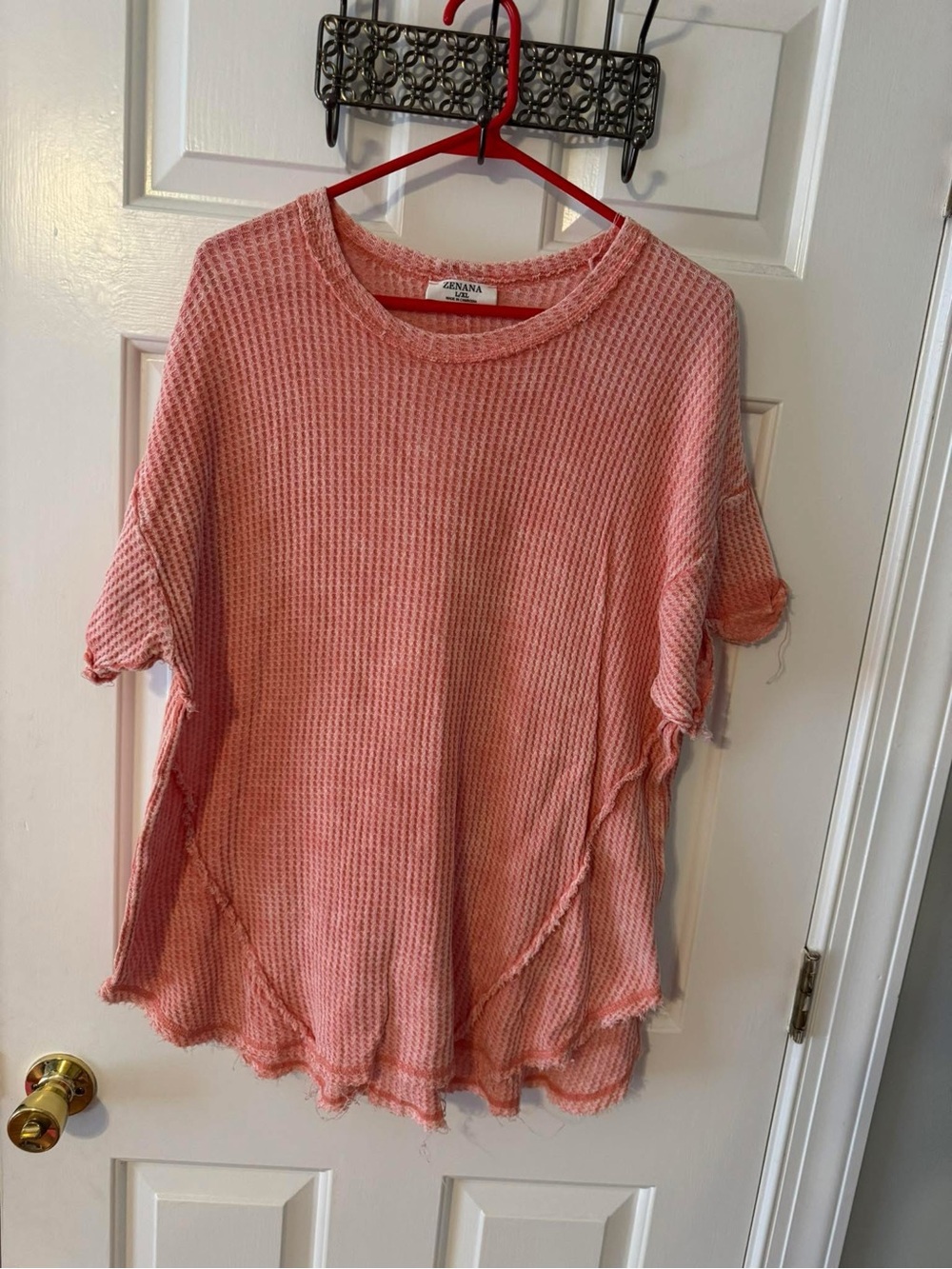 Zenana Outfitters Washed Coral Pink Waffle-Knit Short Sleeve Top